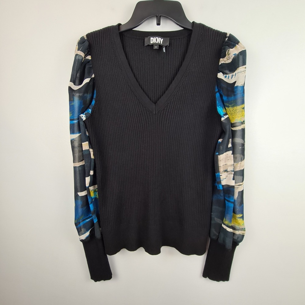 DKNY Womens Black Ribbed V-Neck Sweater Sheer Puff Sleeve Abstract Print Medium